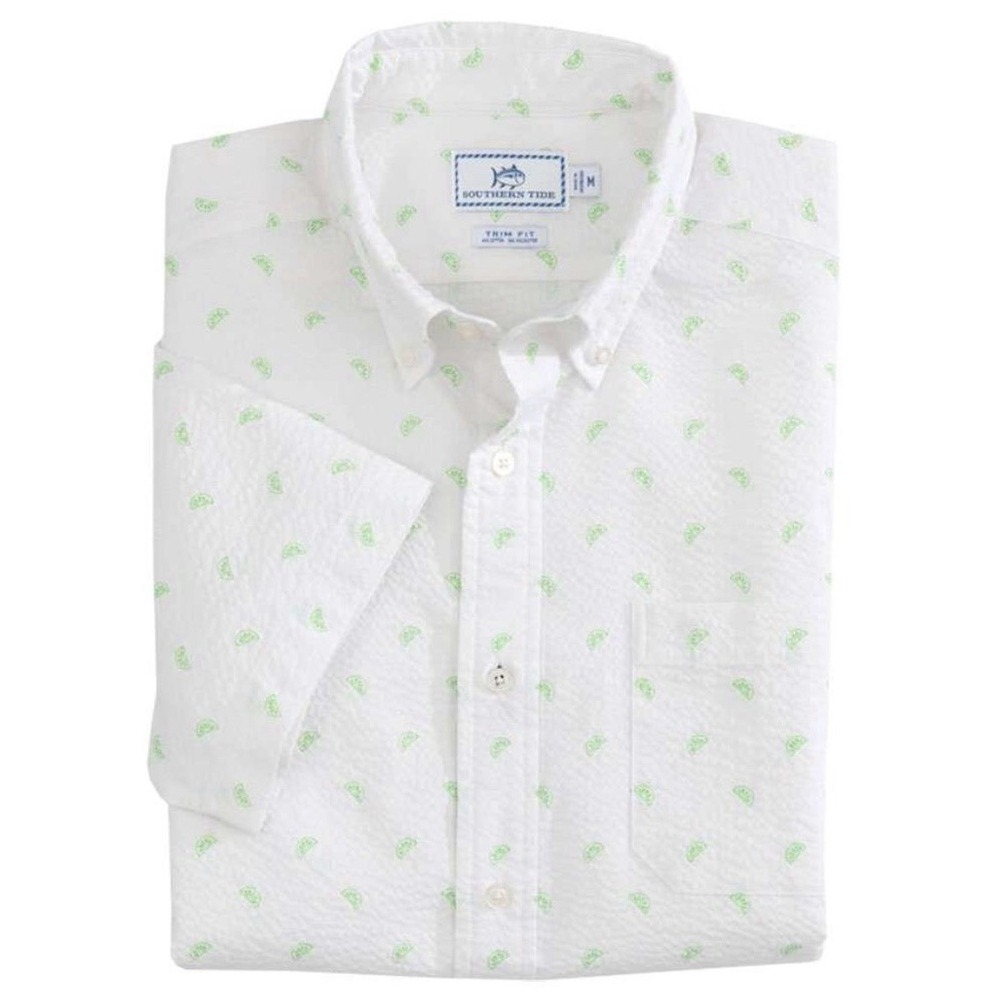 Southern Tide Shirt Mens Large White Trim Fit Short Sleeve Button Up Lime Print